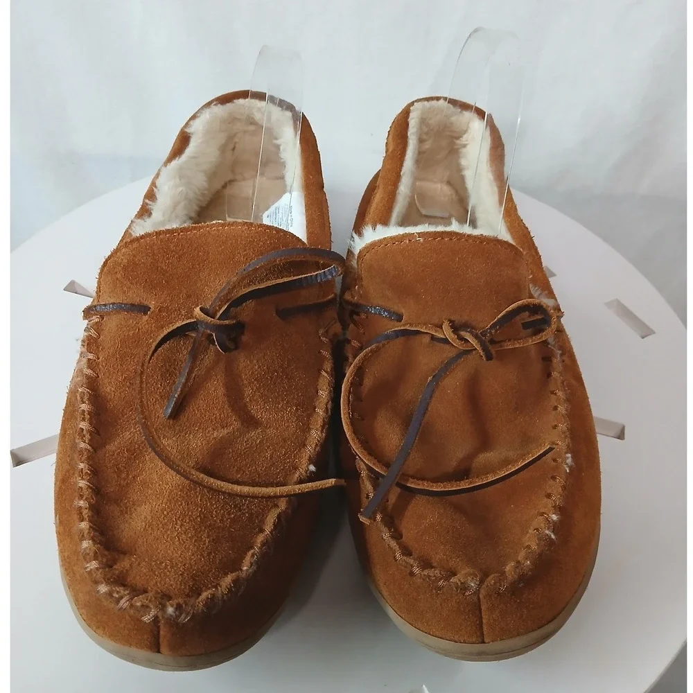 J. Crew Mens Genuine Suede Tan Suede Sherpa Lined Moc Toe Slippers Size‎ 11